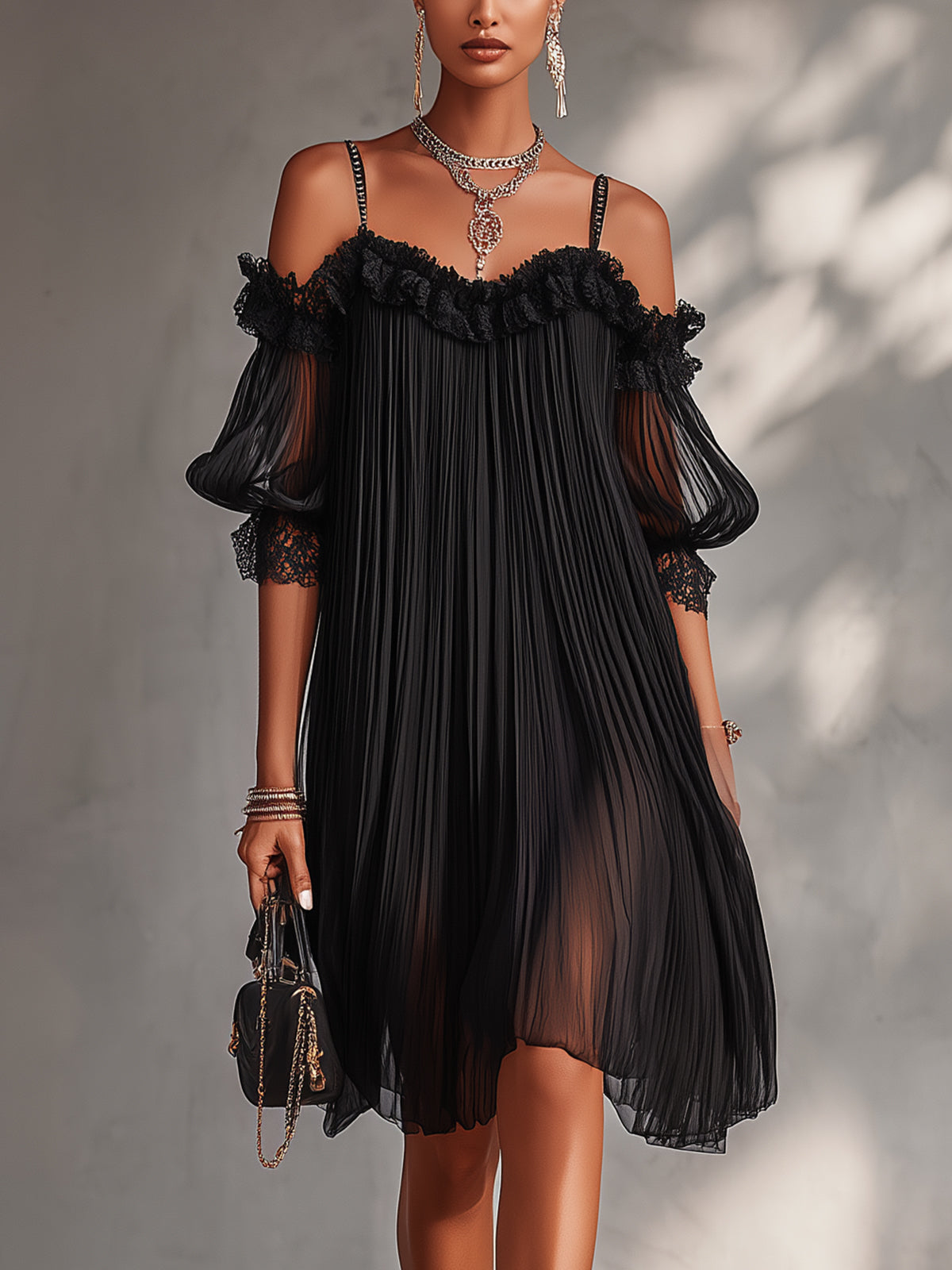Vittoria | Off-Shoulder Pleated Mini Dress with Lace Trim