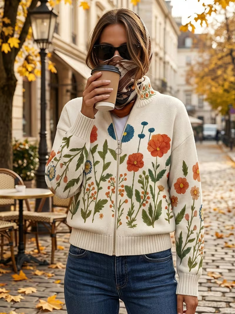 Wrenna™ | Floral Zip-Up Knit Cardigan