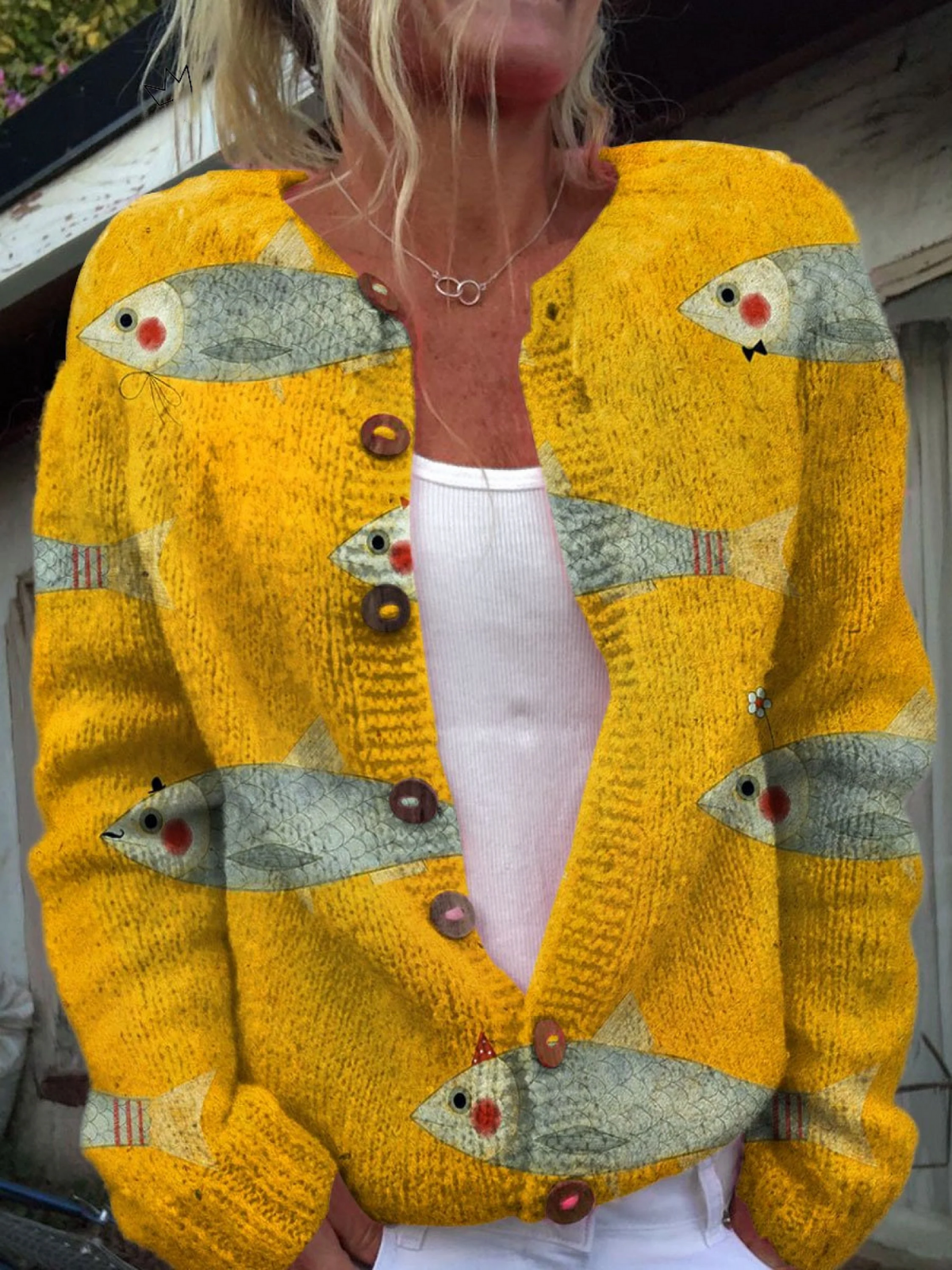 Lyla | Coastal Fish Motif Knit Button Cardigan
