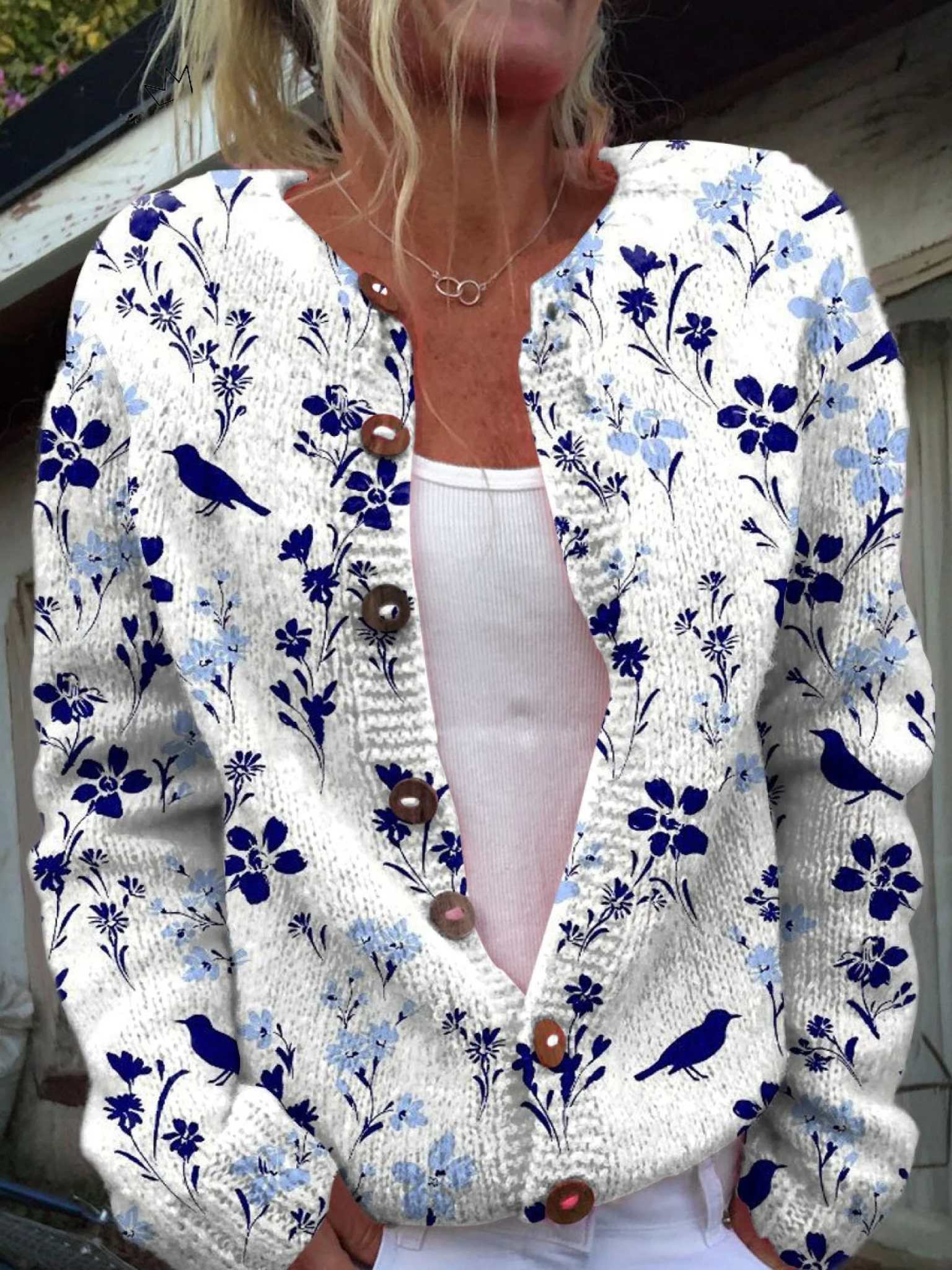 Beatrice | Vintage Floral Bird Print Button-Front Cardigan