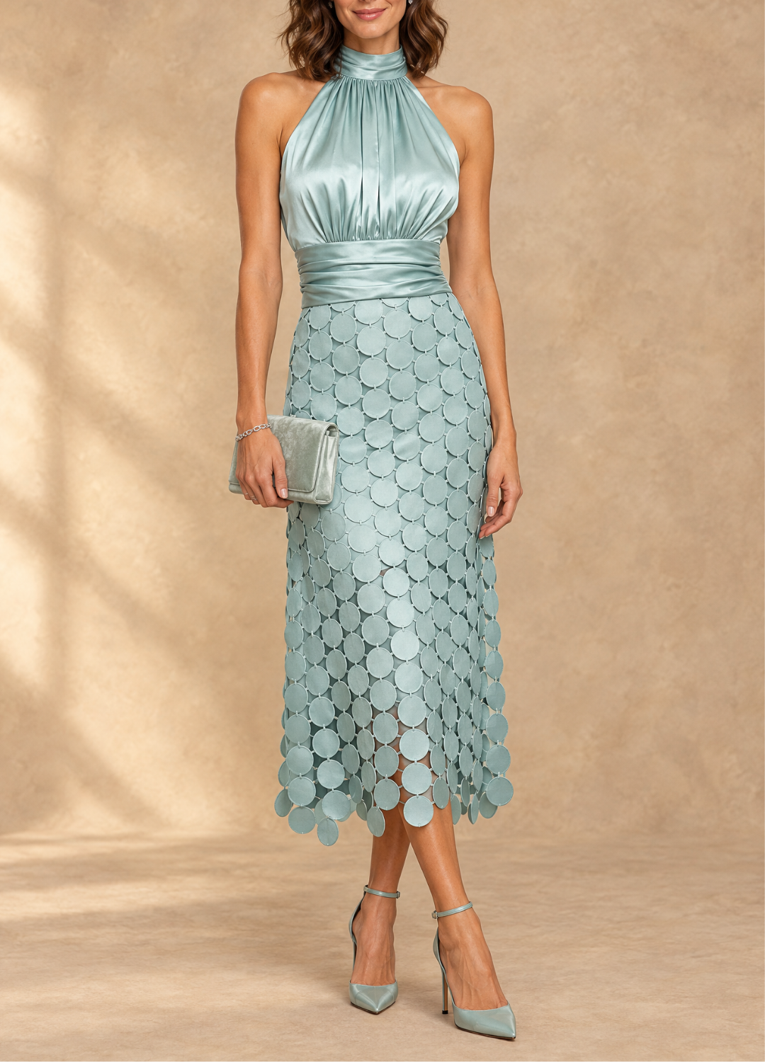 Celine | Elegant Halter Neck Appliqué Midi Dress
