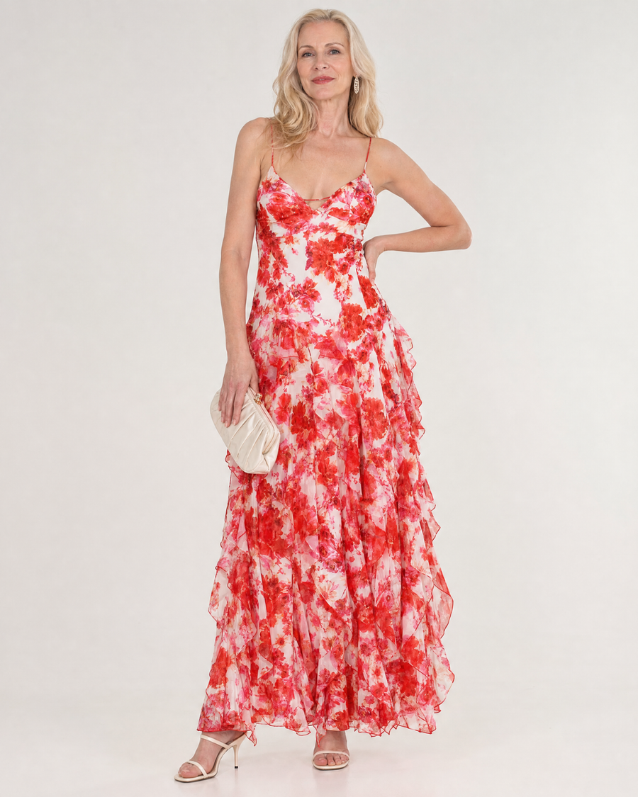 Vugeh | Watercolor Floral Ruffle Hem Sleeveless Midi Dress