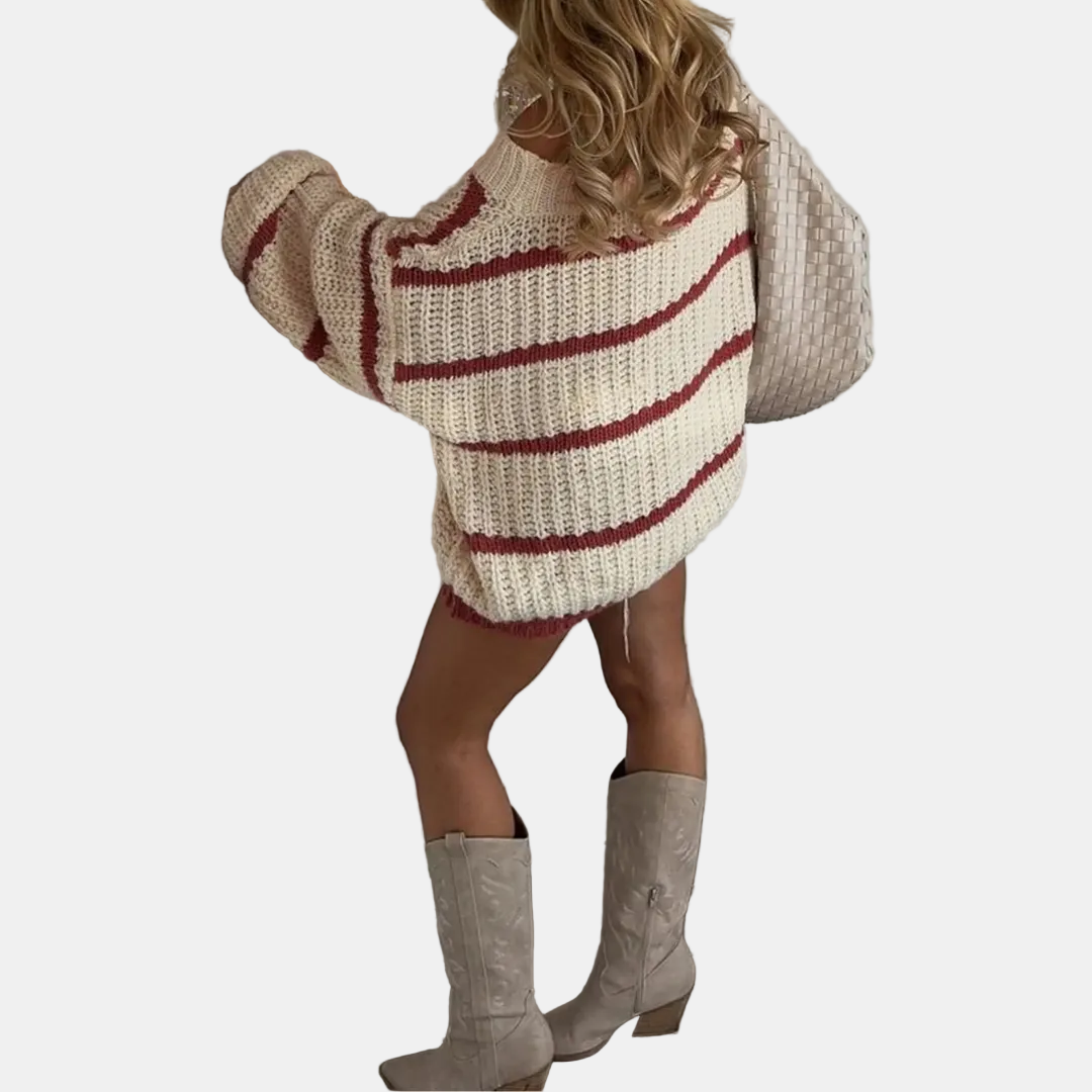 Sabrina | Cozy Off-Shoulder Striped Knit Sweater