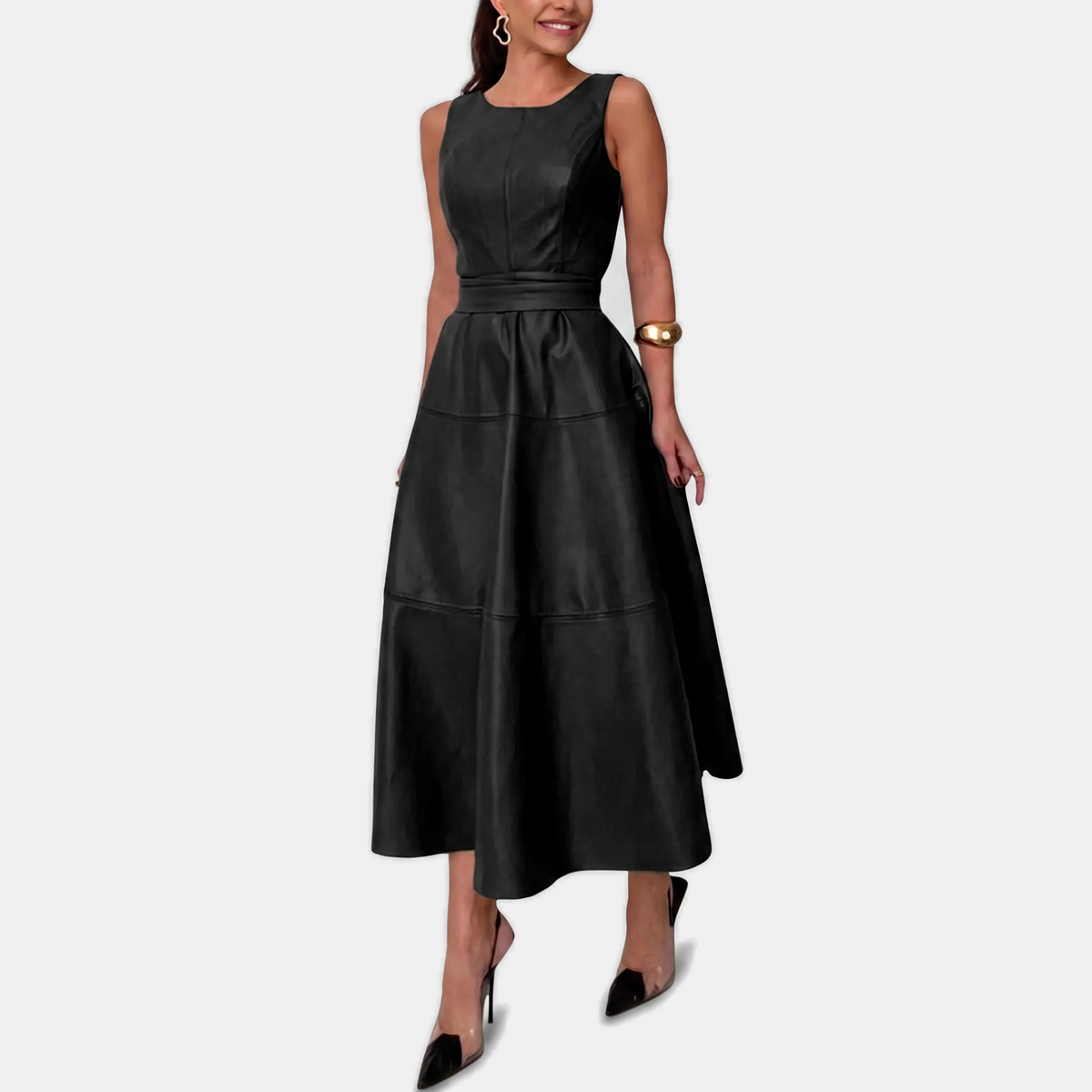 Vivien | Elegant Belted Faux Leather Midi Dress