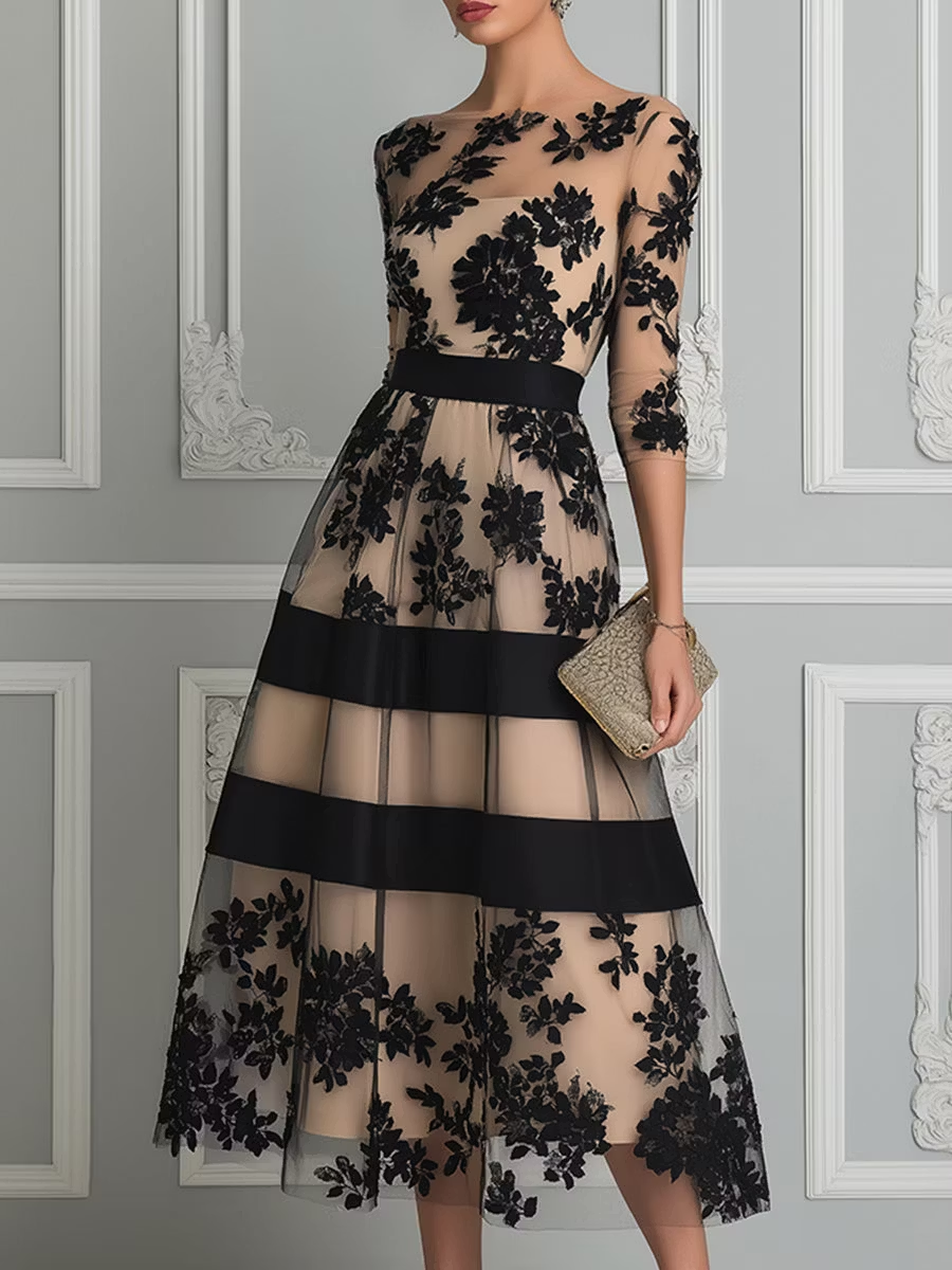 Elara | Elegant Floral Lace A-Line Midi Dress
