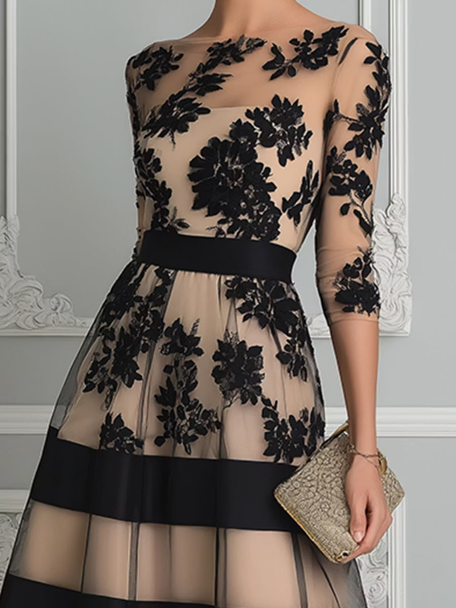 Elara | Elegant Floral Lace A-Line Midi Dress