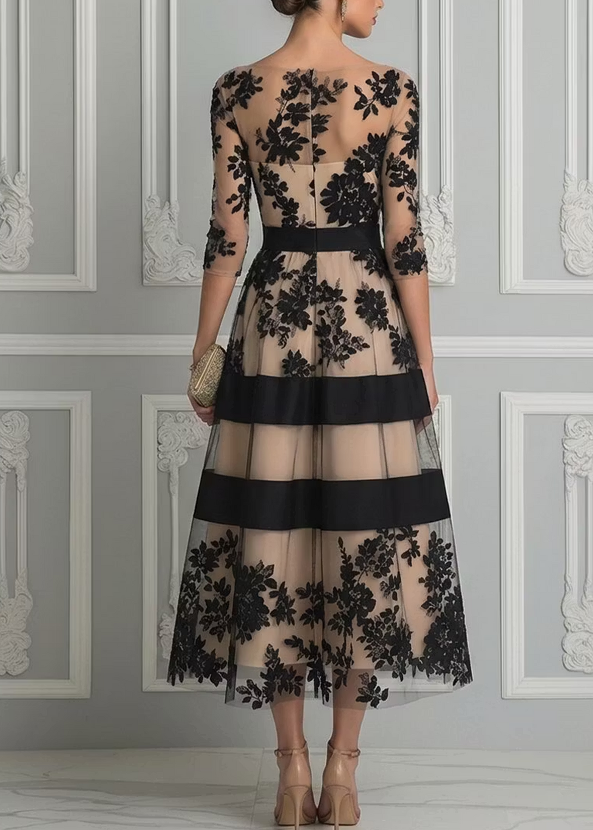 Elara | Elegant Floral Lace A-Line Midi Dress