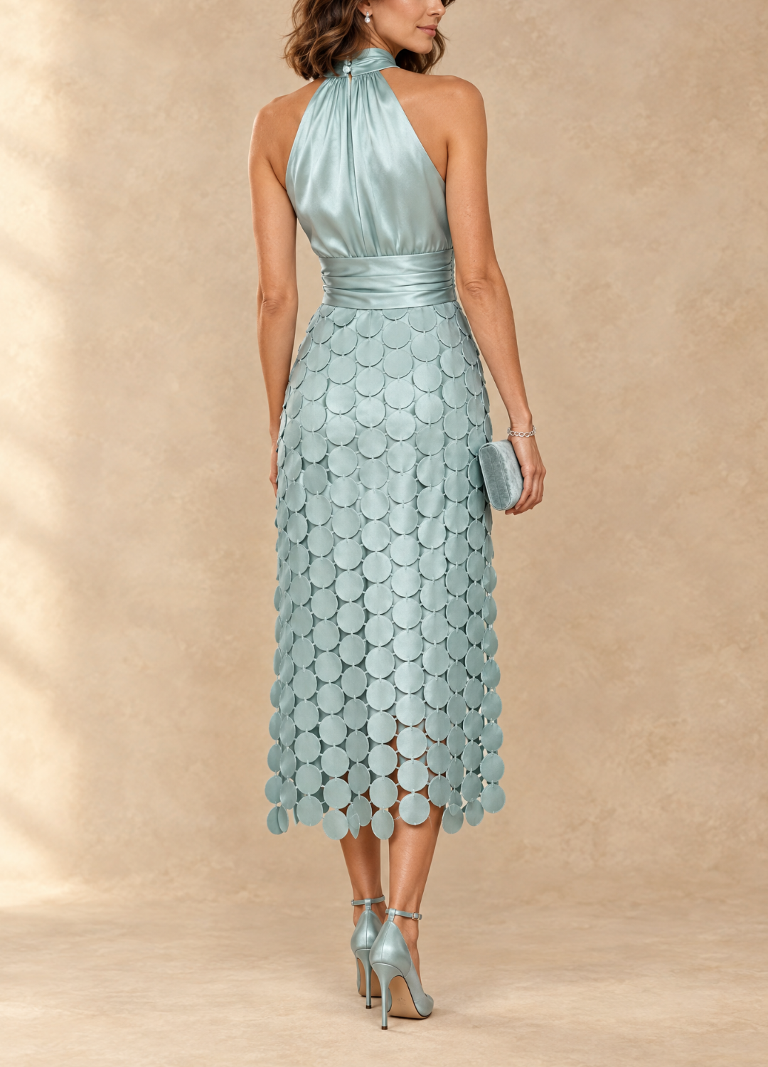 Celine | Elegant Halter Neck Appliqué Midi Dress