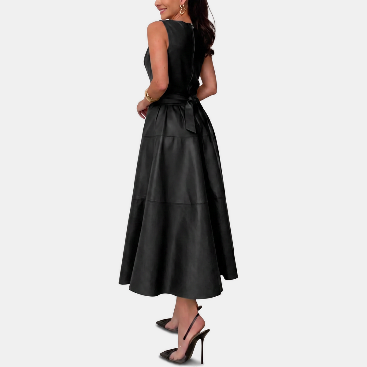 Vivien | Elegant Belted Faux Leather Midi Dress