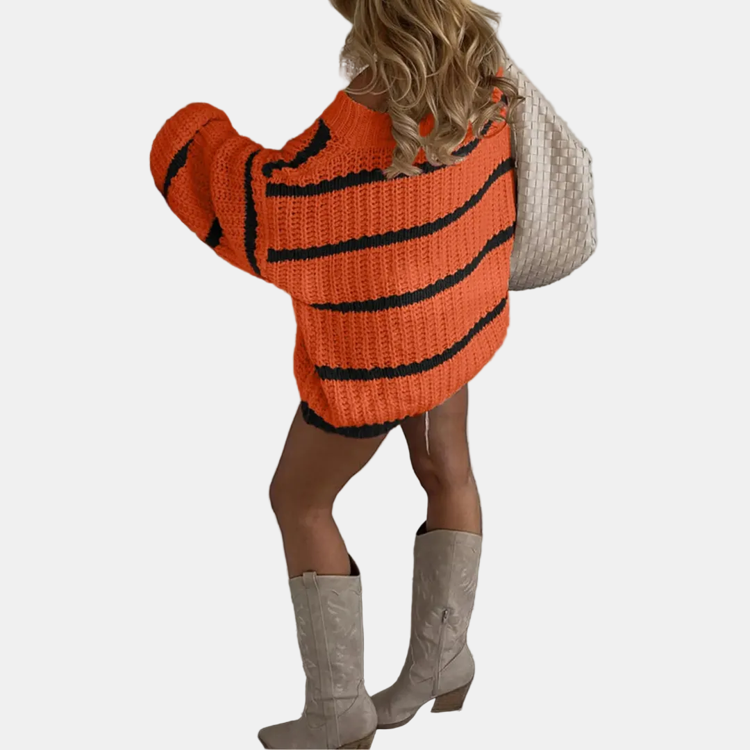 Sabrina | Cozy Off-Shoulder Striped Knit Sweater
