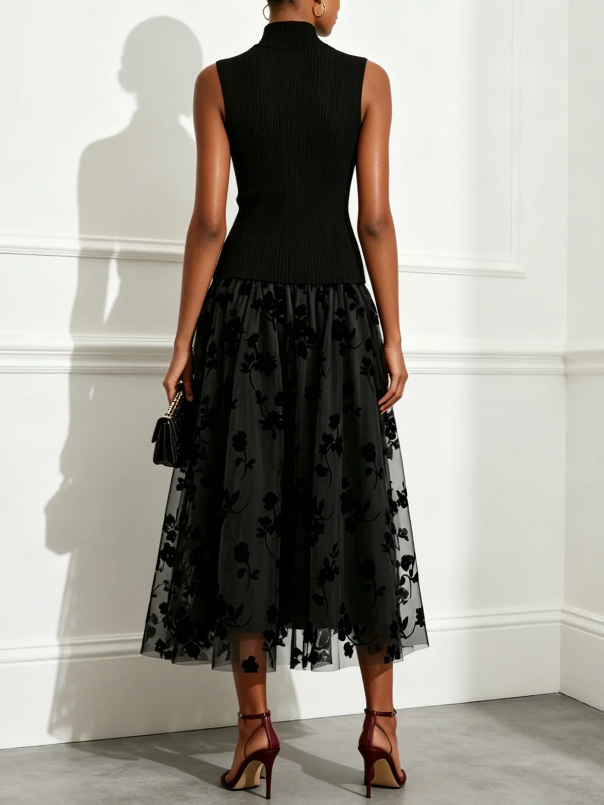 Addie | Sophisticated High-Neck Knit Dress with Floral Mesh Skirt