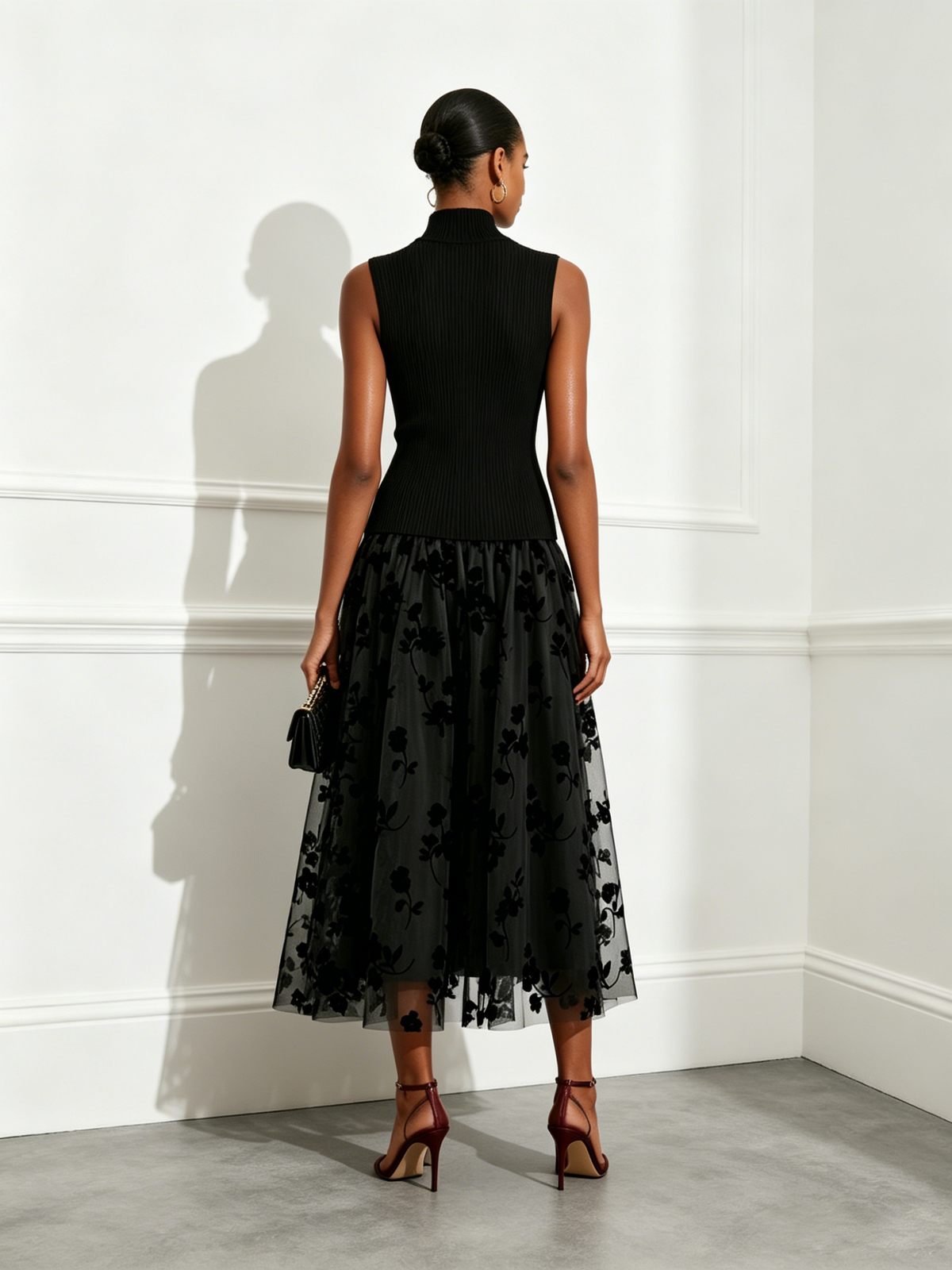Addie | Sophisticated High-Neck Knit Dress with Floral Mesh Skirt