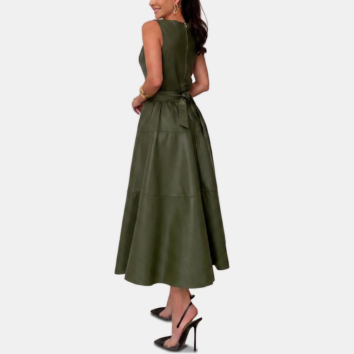 Vivien | Elegant Belted Faux Leather Midi Dress