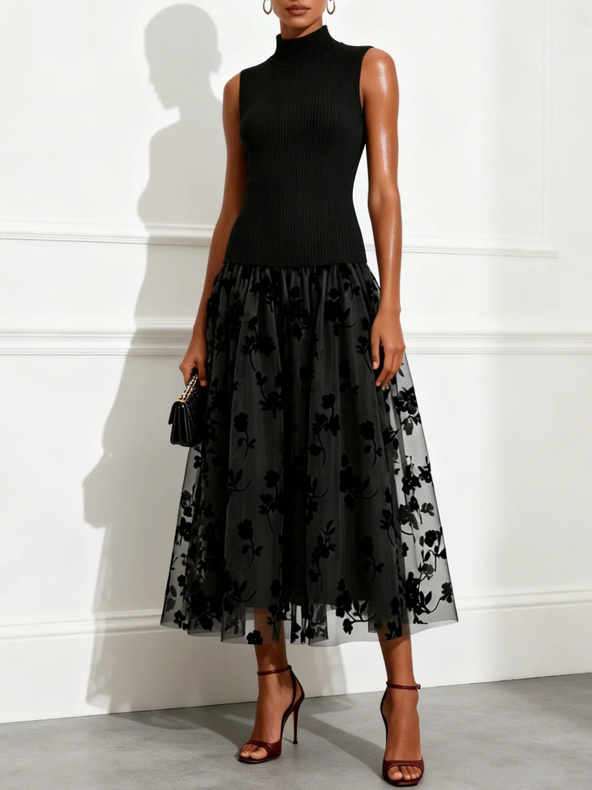Addie | Sophisticated High-Neck Knit Dress with Floral Mesh Skirt