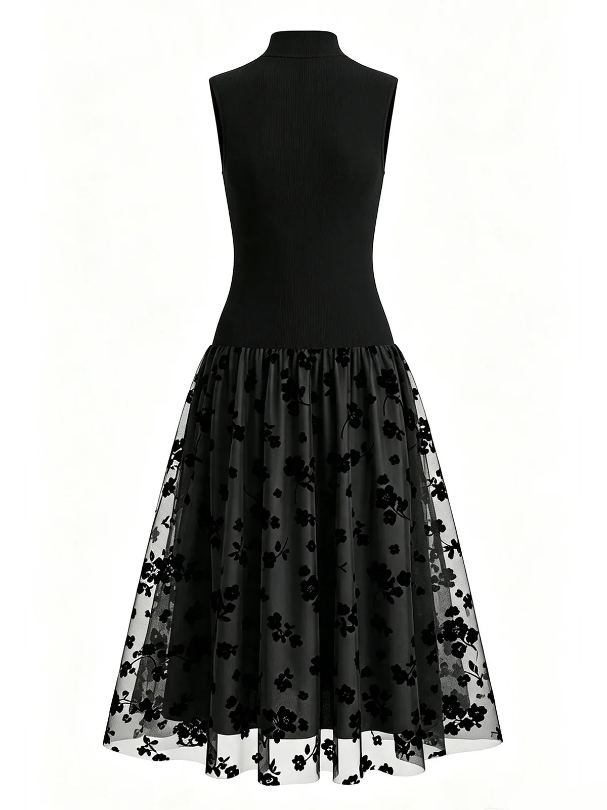 Addie | Sophisticated High-Neck Knit Dress with Floral Mesh Skirt