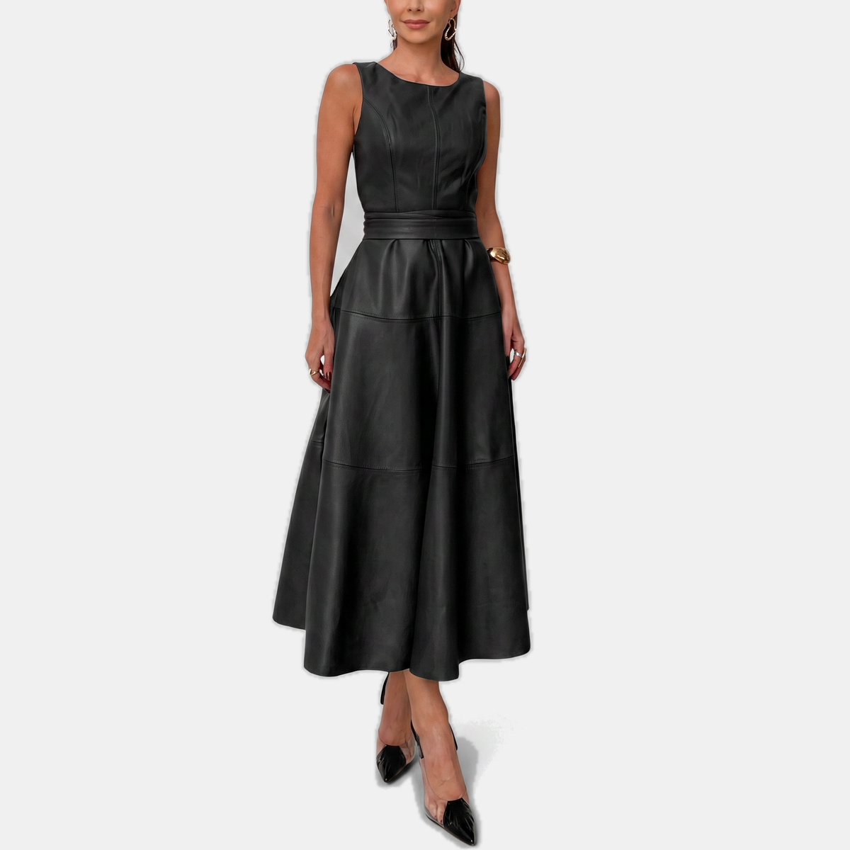 Vivien | Elegant Belted Faux Leather Midi Dress