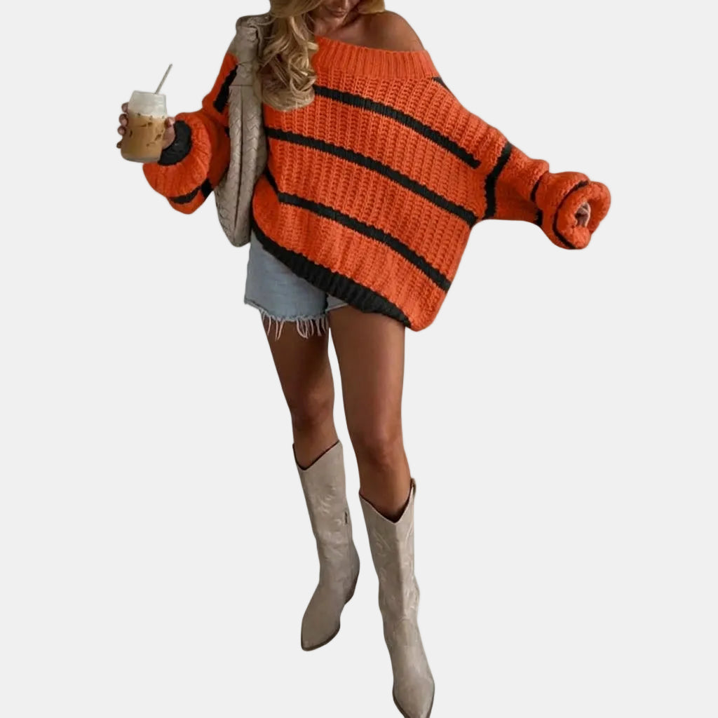 Sabrina | Cozy Off-Shoulder Striped Knit Sweater