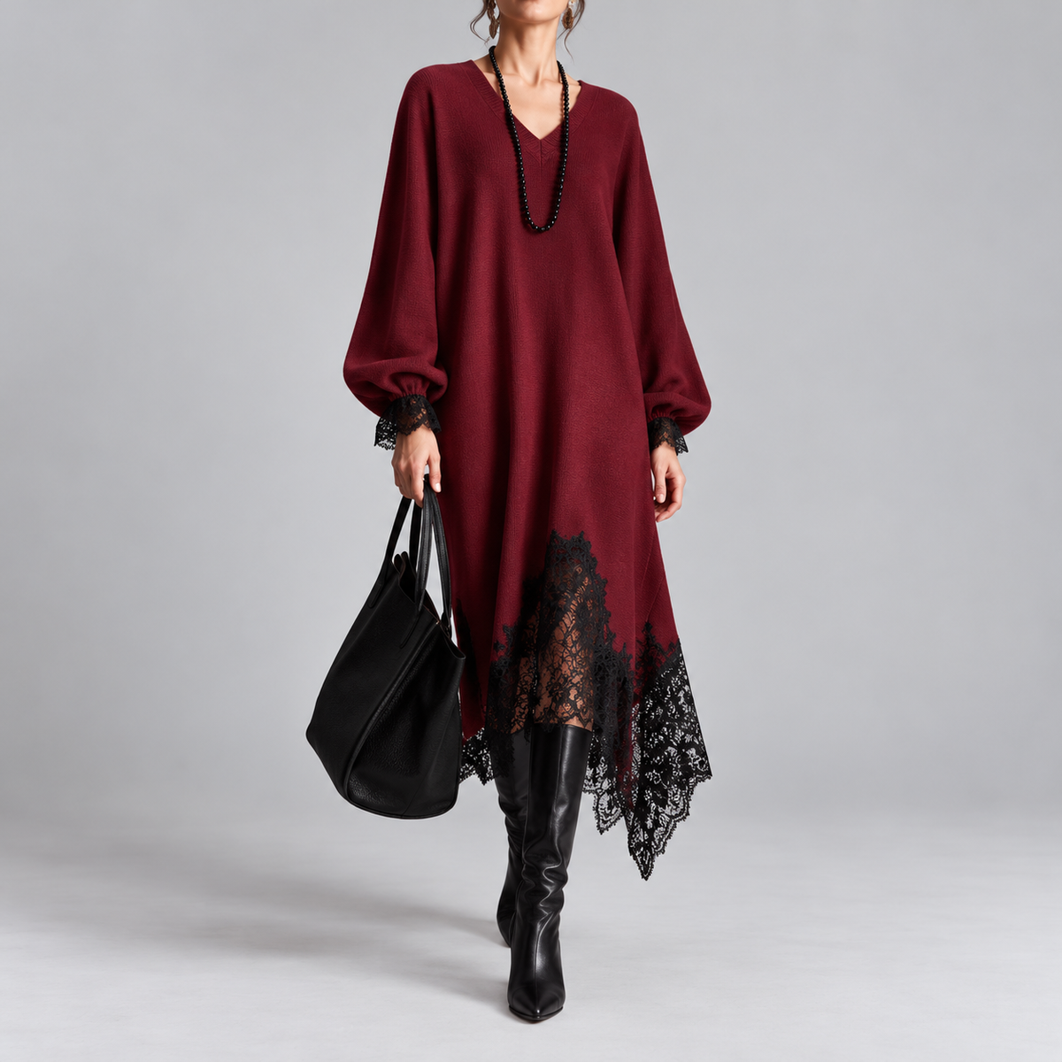 Mireille | Shimmer Knit Midi Dress with Lace Trim & Balloon Sleeves