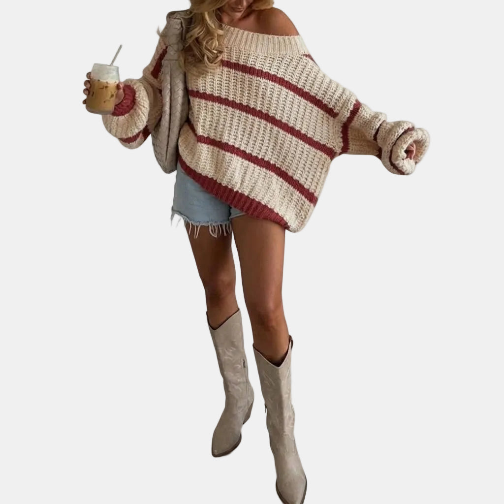 Sabrina | Cozy Off-Shoulder Striped Knit Sweater