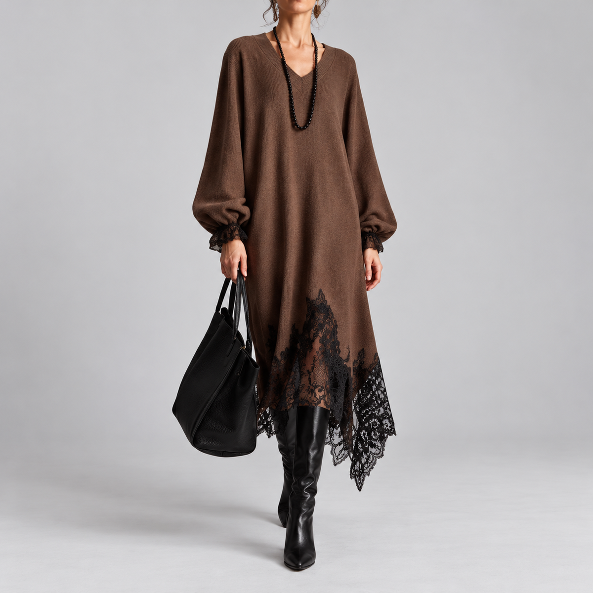 Mireille | Shimmer Knit Midi Dress with Lace Trim & Balloon Sleeves