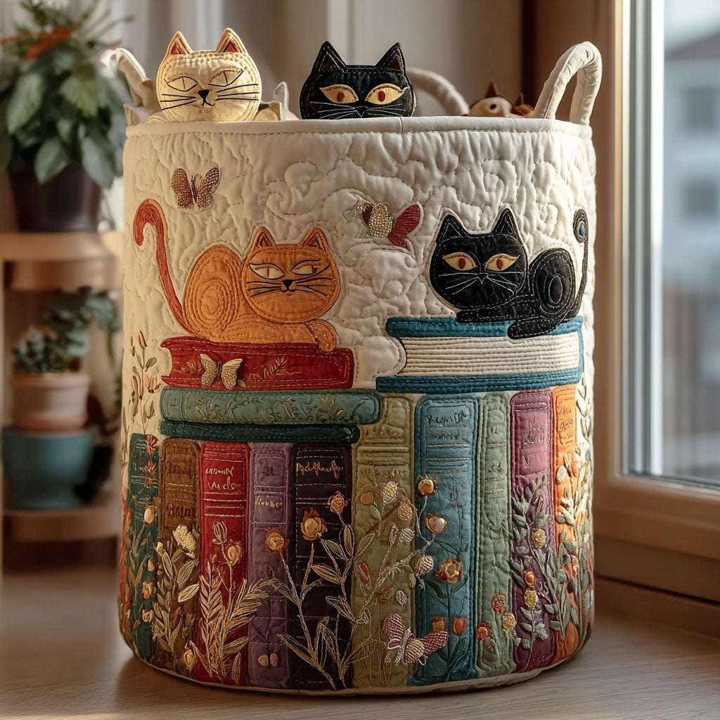 Maisie | Charming Cat & Books Quilted Laundry Basket