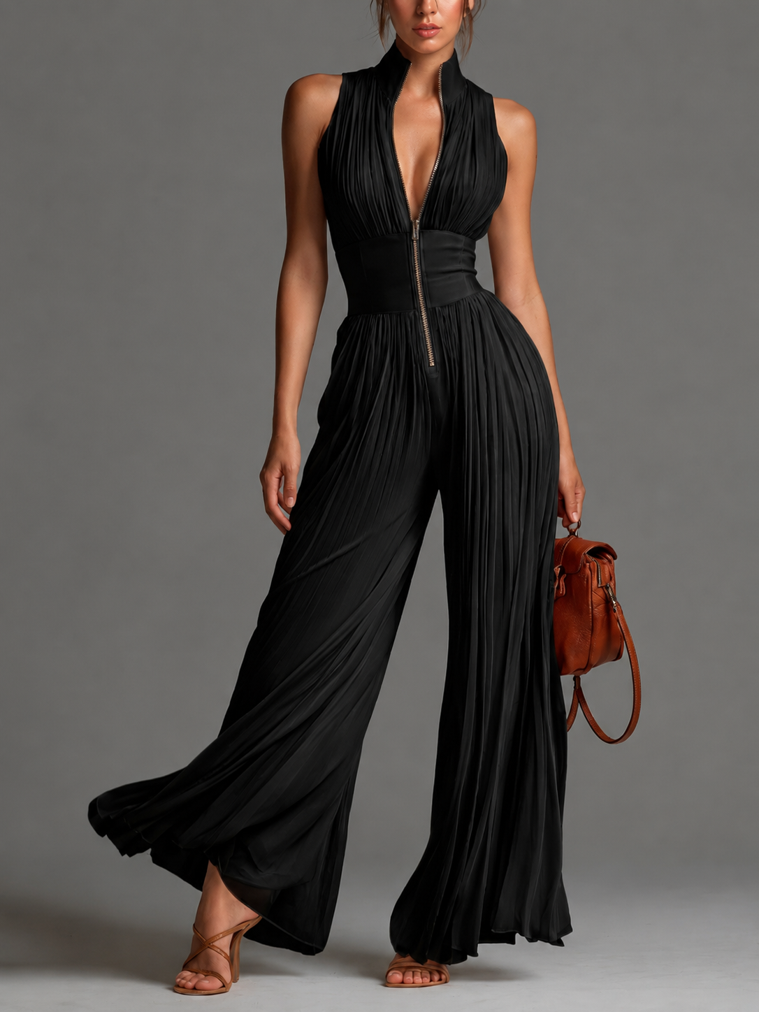 Laure | Pleated Wide-Leg Zip-Front Jumpsuit