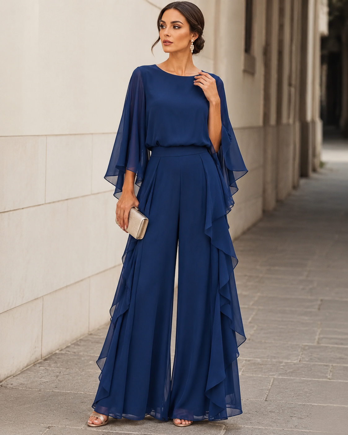 Lenorah | Chic Cape-Sleeve Chiffon Two-Piece Set