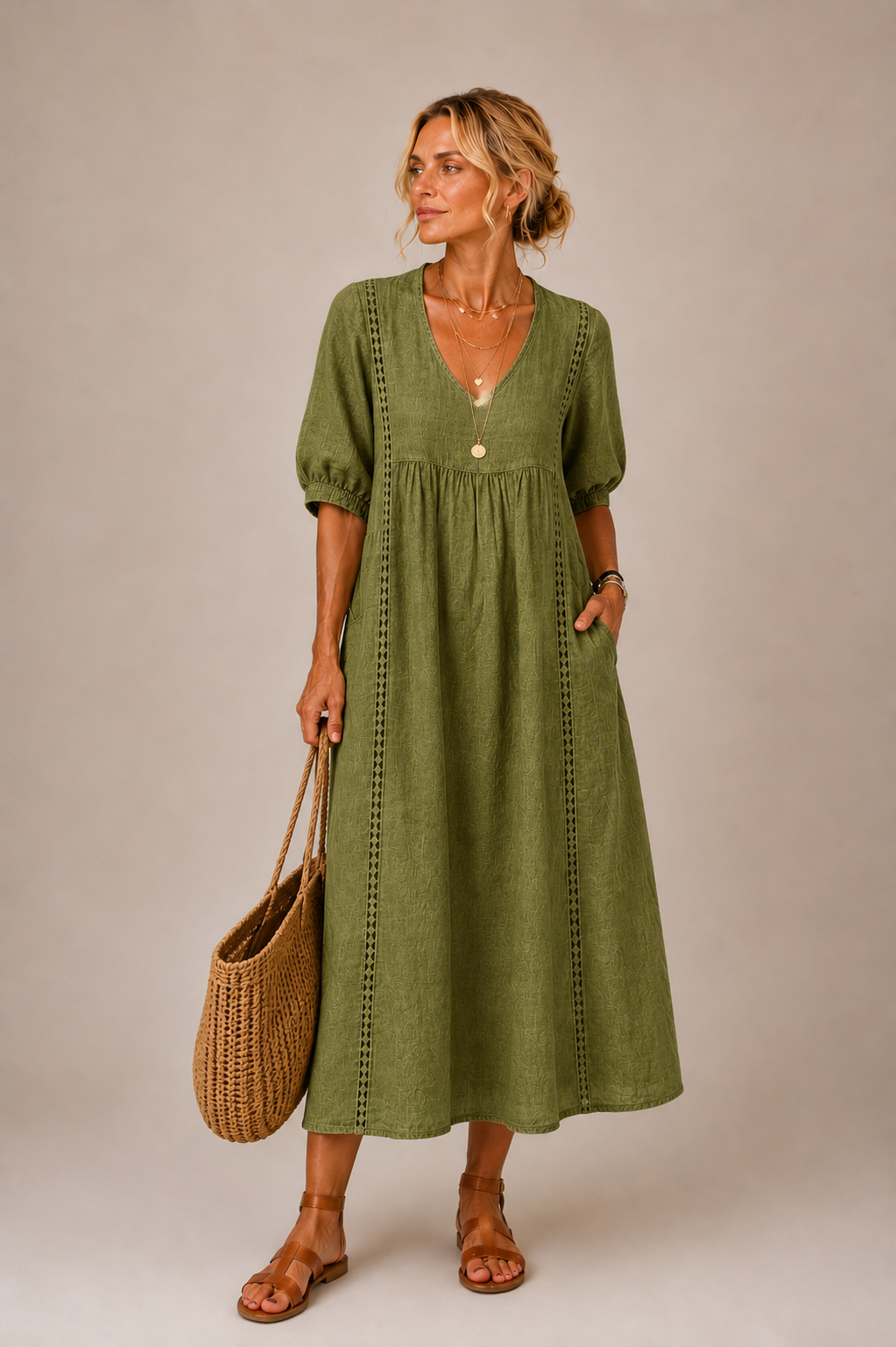 Sefi | Lace Trim V-Neck Midi Dress