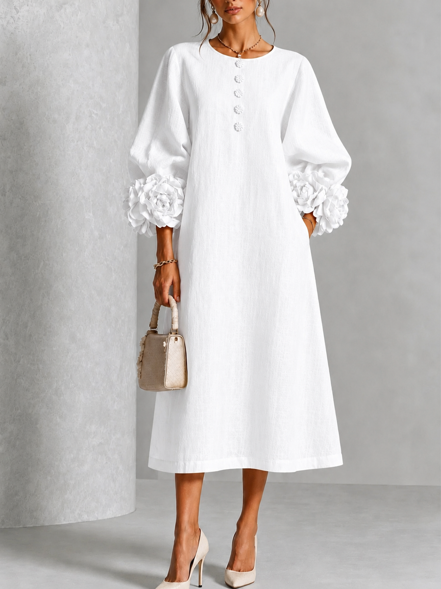 Chicca | Floral Button-Down Midi Dress with Statement Cuff Details