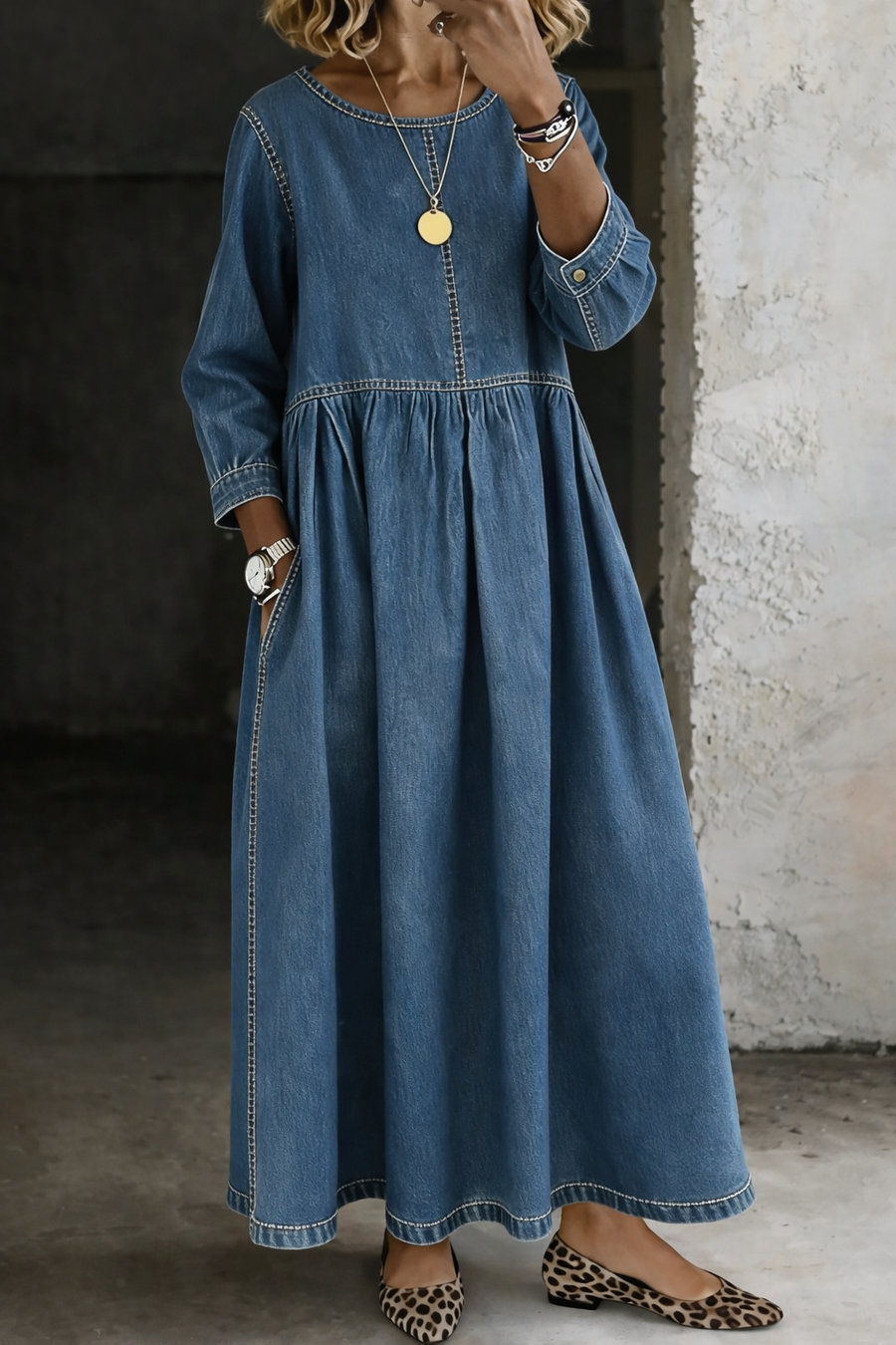 Melissa | Long Sleeve Round Neck Denim Maxi Dress