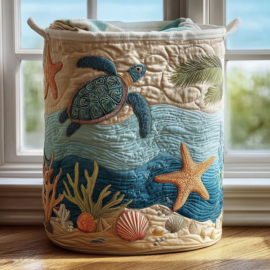 Coral | Coastal Turtle & Seashell Quilted Laundry Basket