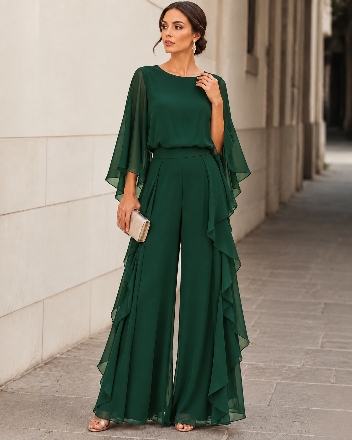Lenorah | Chic Cape-Sleeve Chiffon Two-Piece Set