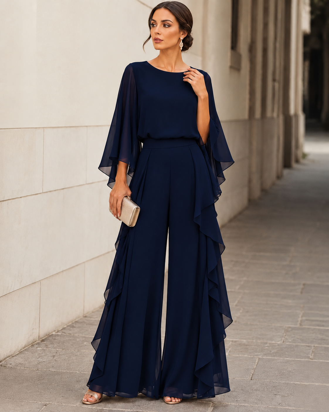 Lenorah | Chic Cape-Sleeve Chiffon Two-Piece Set