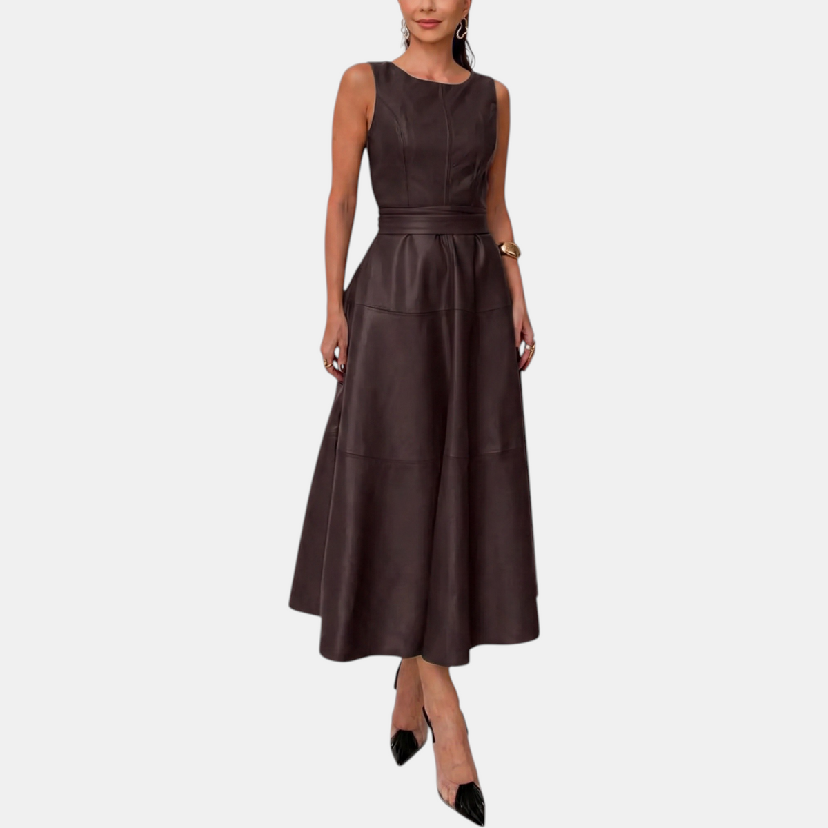 Vivien | Elegant Belted Faux Leather Midi Dress