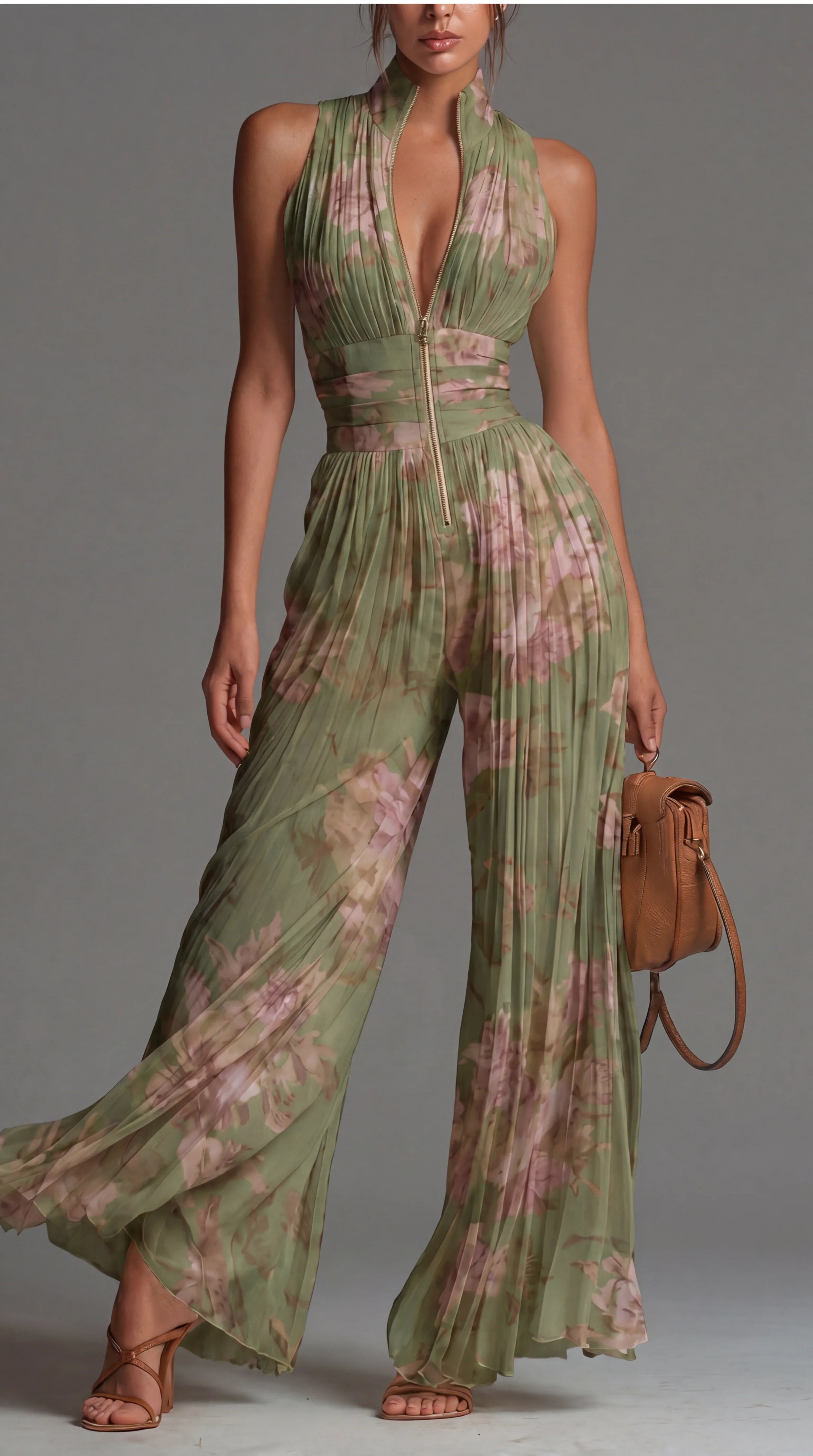 Laure | Pleated Wide-Leg Zip-Front Jumpsuit