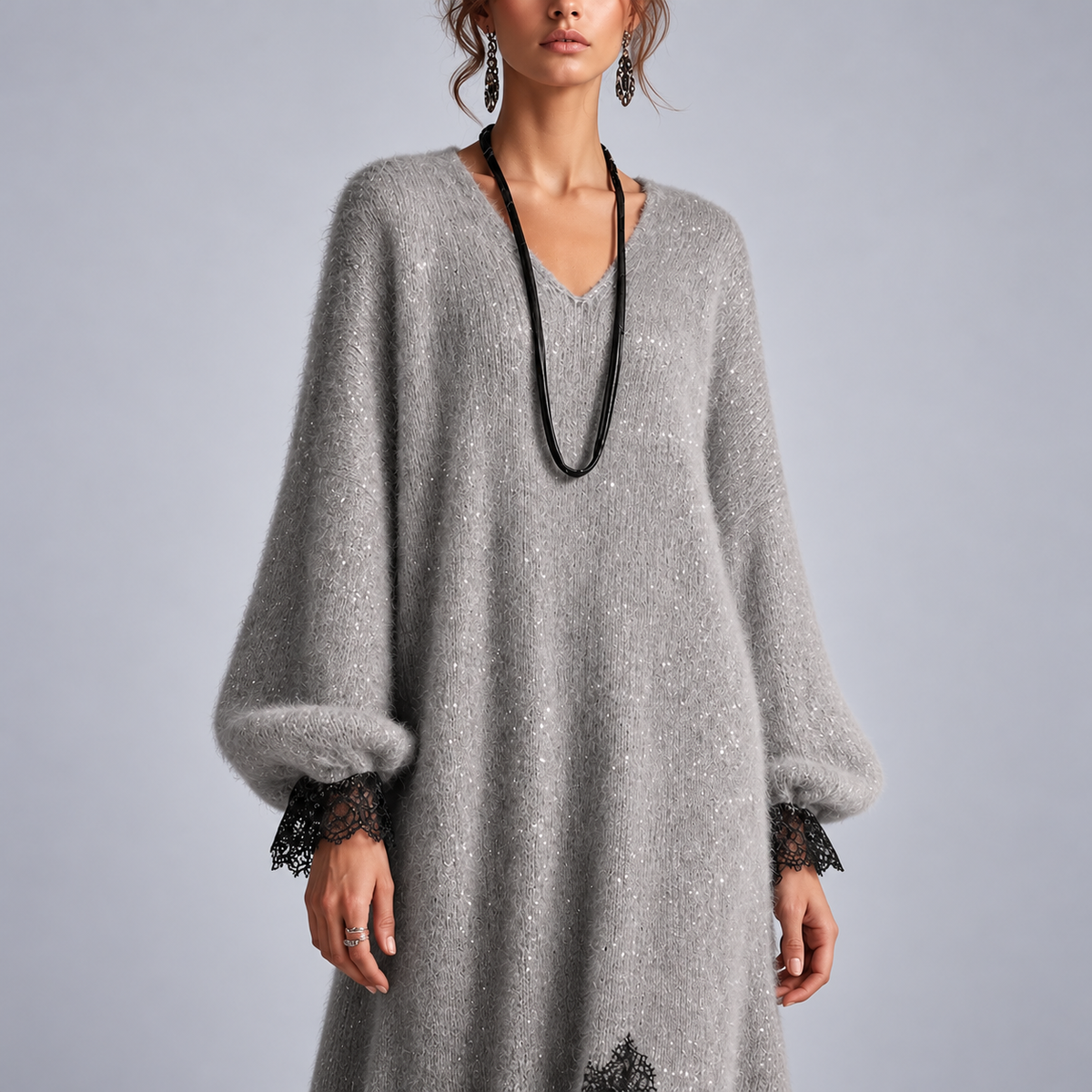 Mireille | Shimmer Knit Midi Dress with Lace Trim & Balloon Sleeves
