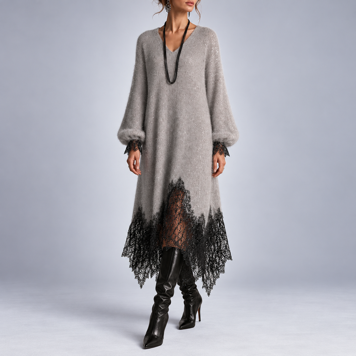 Mireille | Shimmer Knit Midi Dress with Lace Trim & Balloon Sleeves