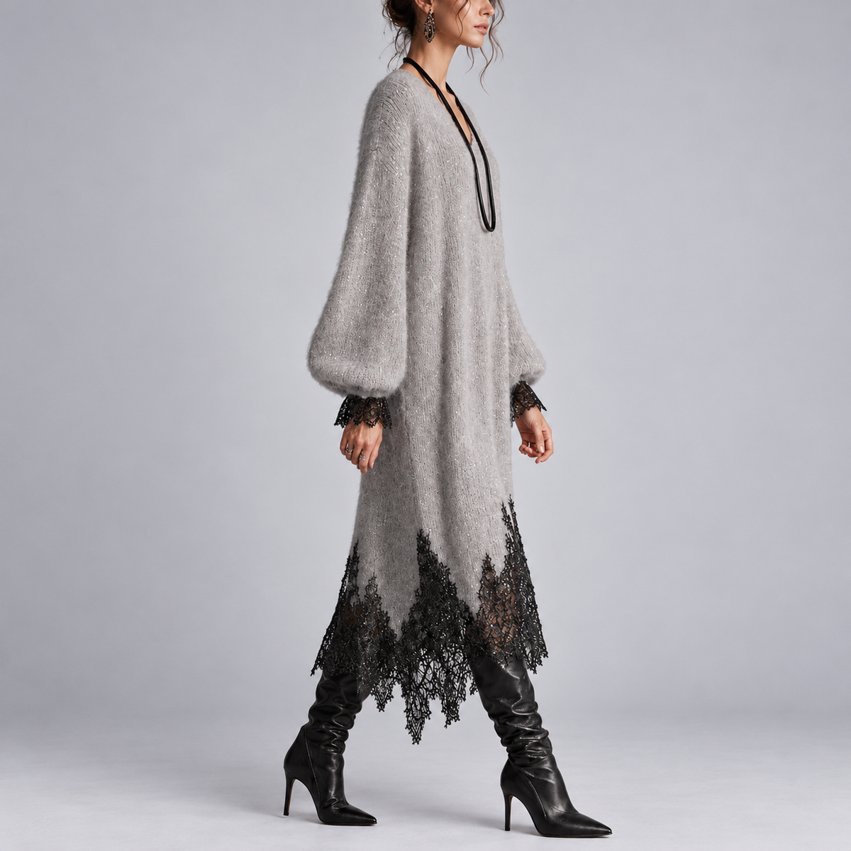Mireille | Shimmer Knit Midi Dress with Lace Trim & Balloon Sleeves