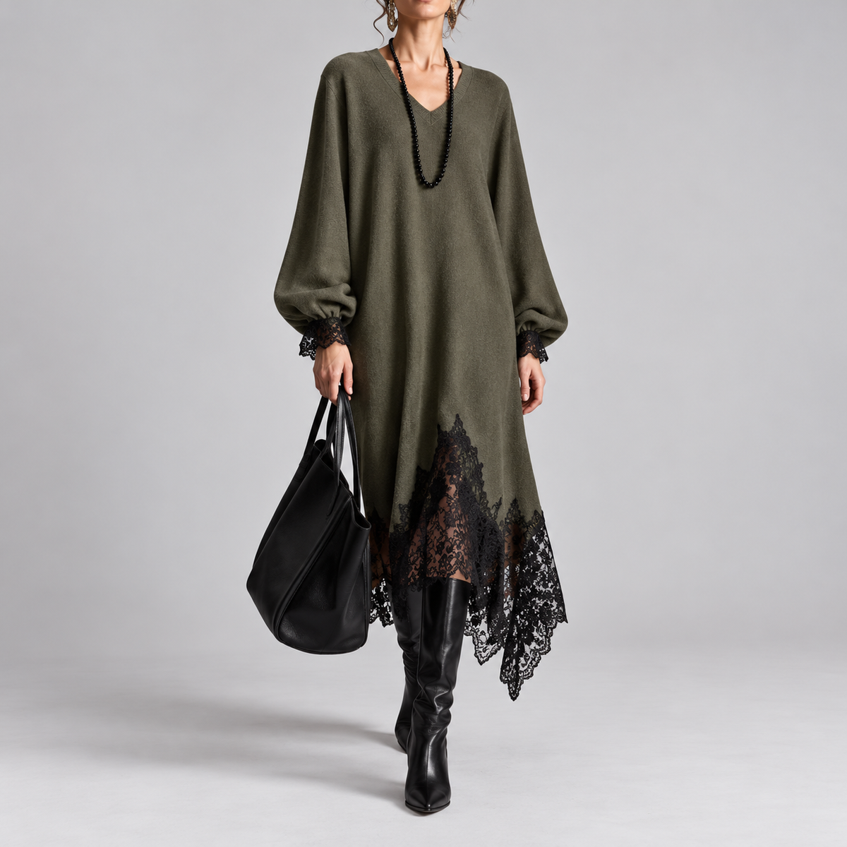 Mireille | Shimmer Knit Midi Dress with Lace Trim & Balloon Sleeves