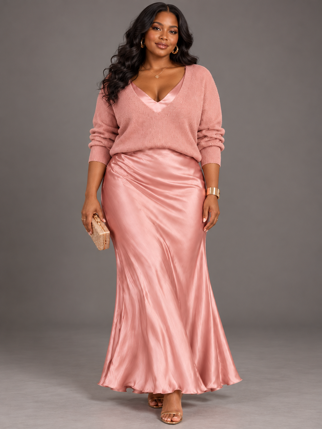Jessa | Elegant V-Neck Knit & Satin Maxi Dress Set
