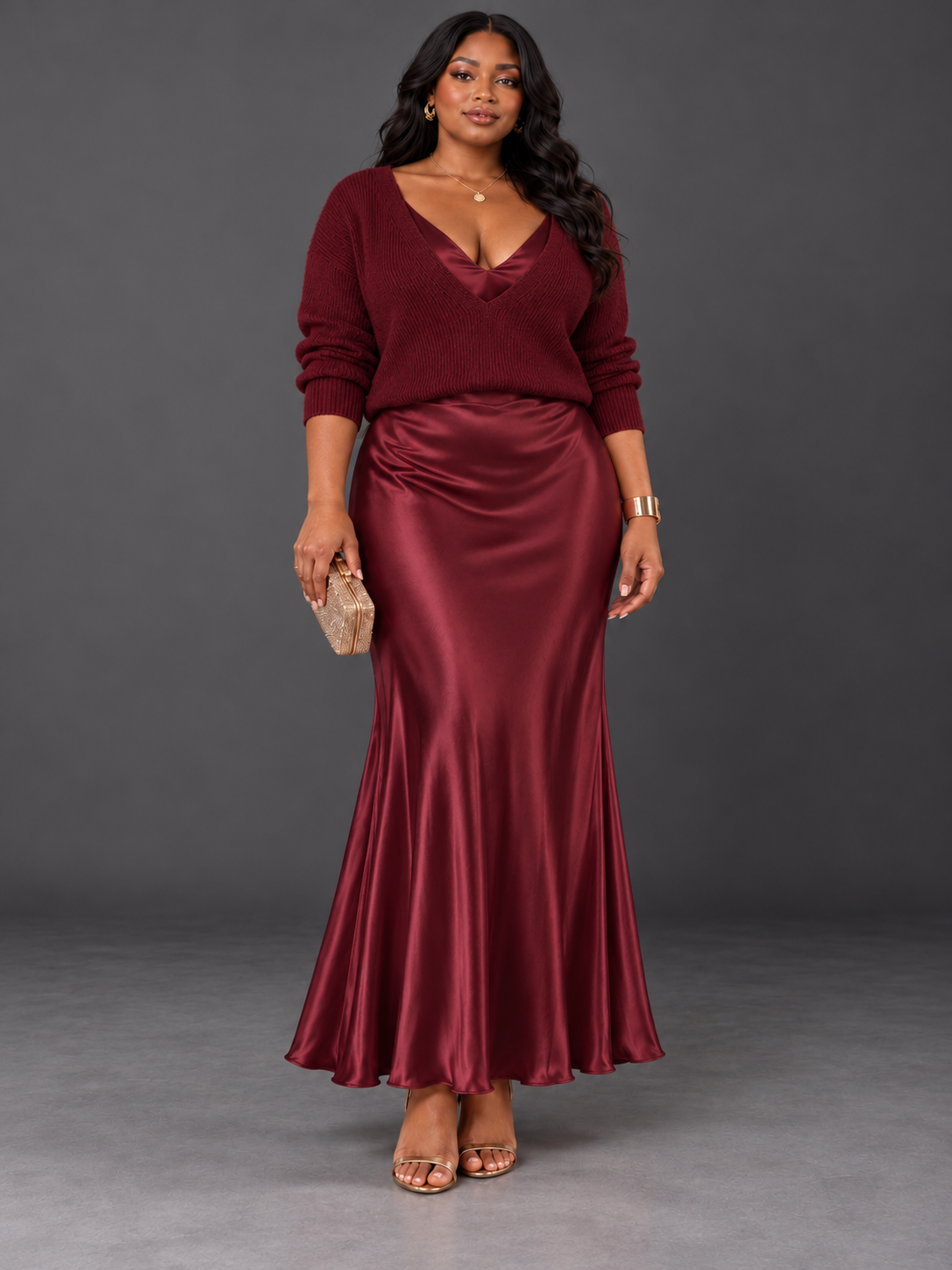 Jessa | Elegant V-Neck Knit & Satin Maxi Dress Set