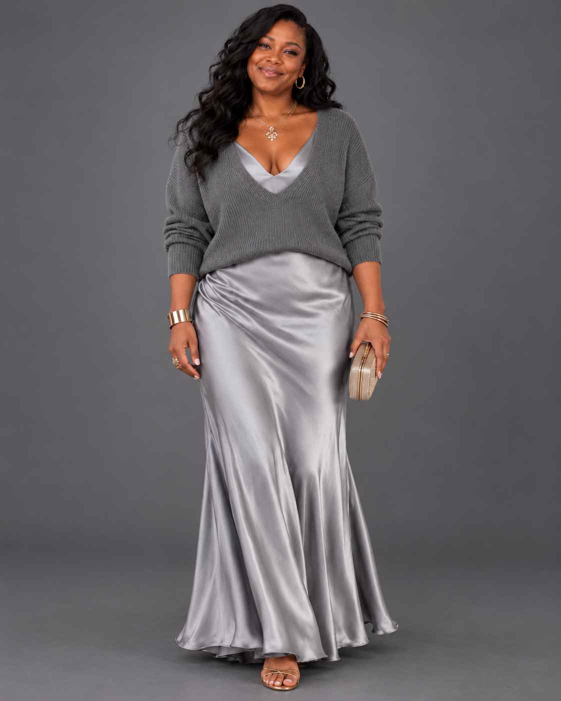 Jessa | Elegant V-Neck Knit & Satin Maxi Dress Set