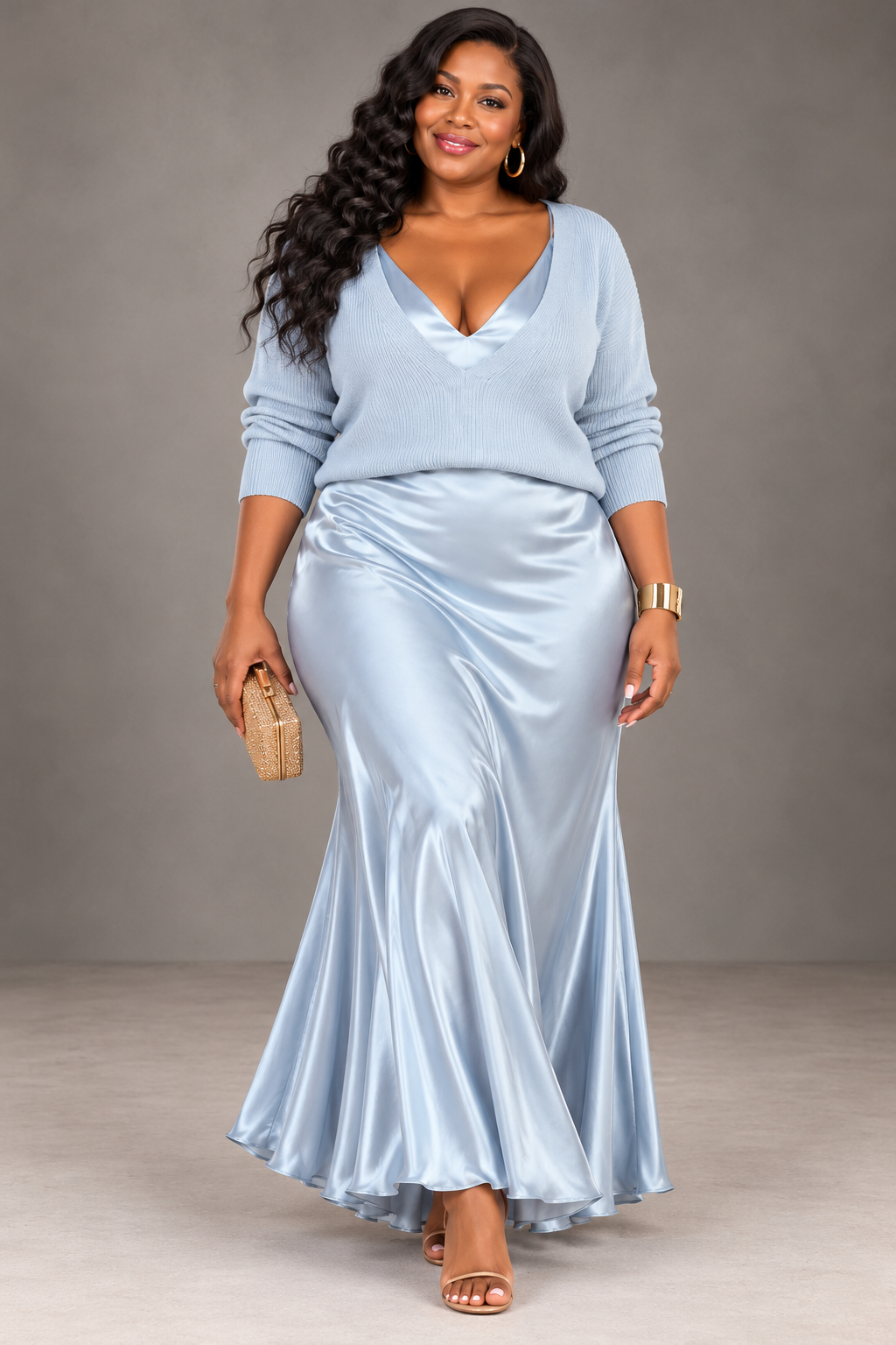 Jessa | Elegant V-Neck Knit & Satin Maxi Dress Set