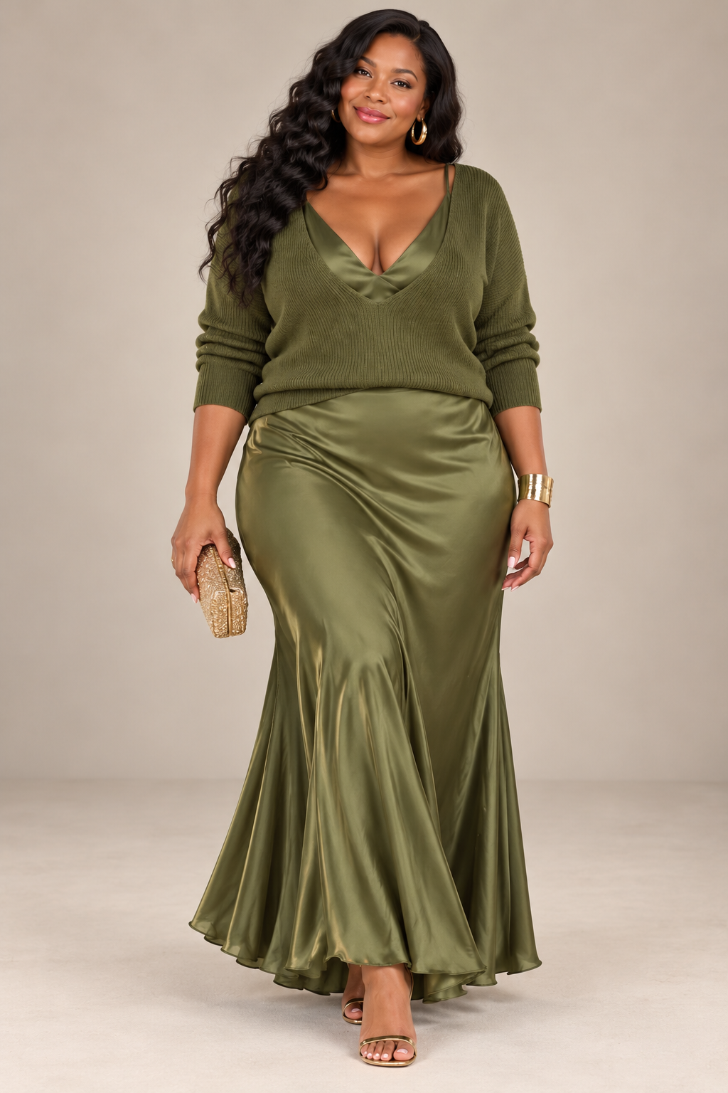 Jessa | Elegant V-Neck Knit & Satin Maxi Dress Set