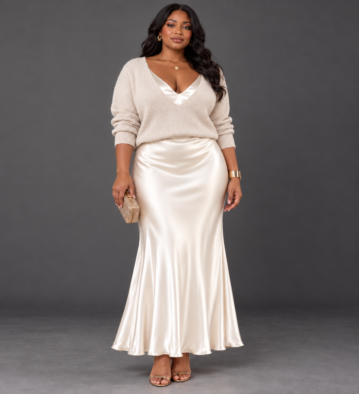 Jessa | Elegant V-Neck Knit & Satin Maxi Dress Set