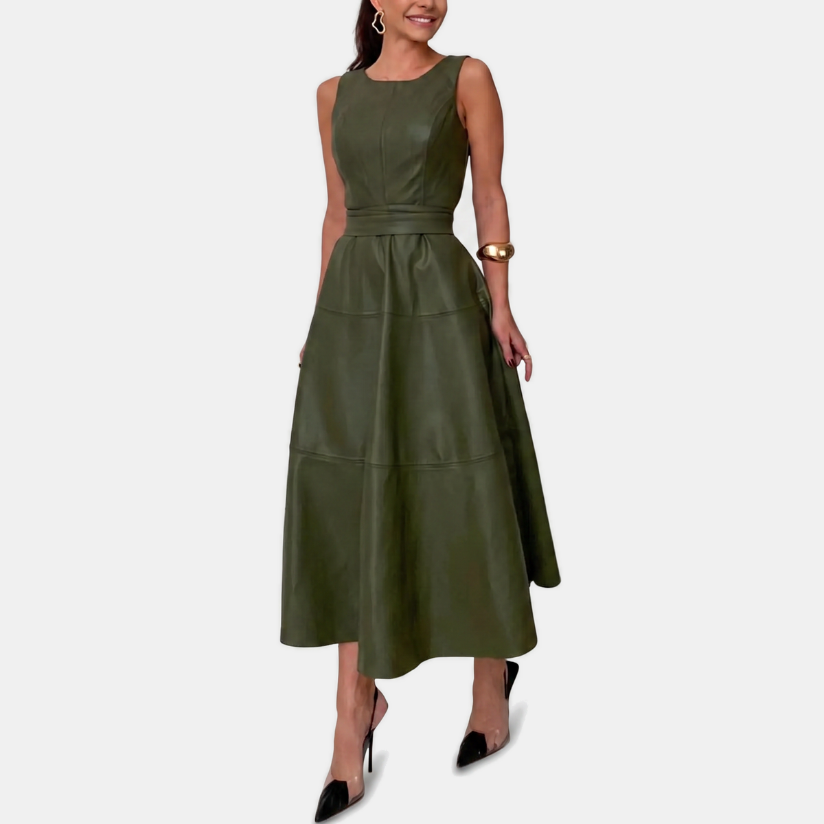 Vivien | Elegant Belted Faux Leather Midi Dress
