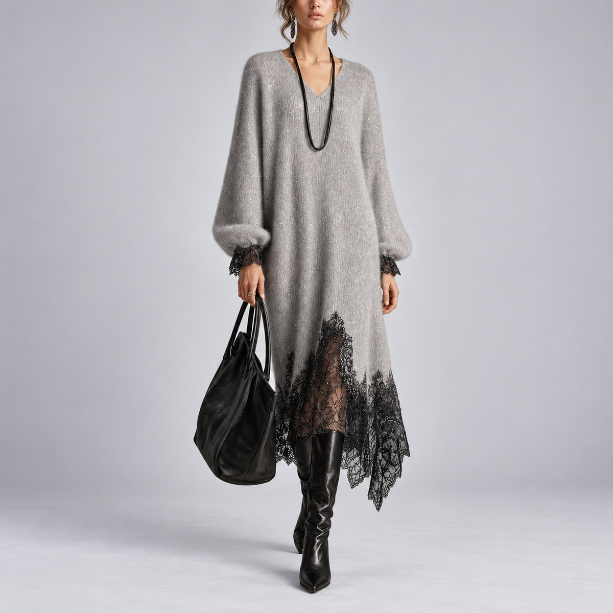 Mireille | Shimmer Knit Midi Dress with Lace Trim & Balloon Sleeves