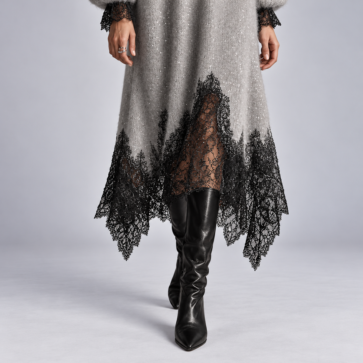 Mireille | Shimmer Knit Midi Dress with Lace Trim & Balloon Sleeves