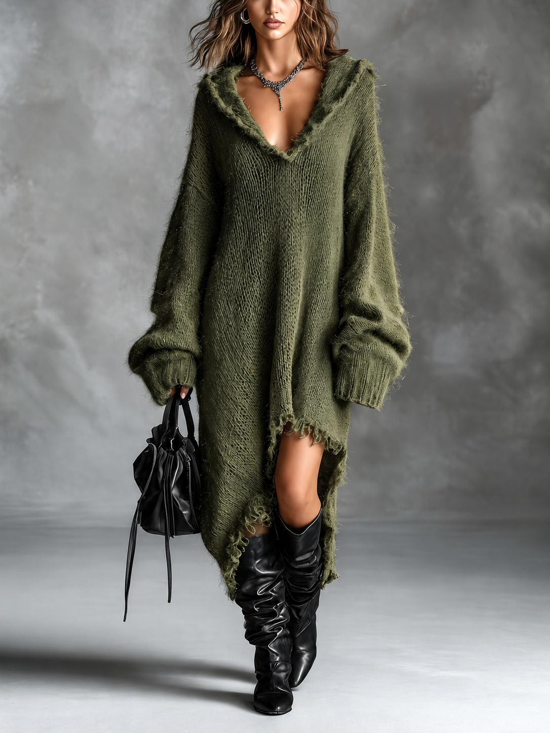 Heather | Boho Chic Asymmetric Hooded Knit Dress