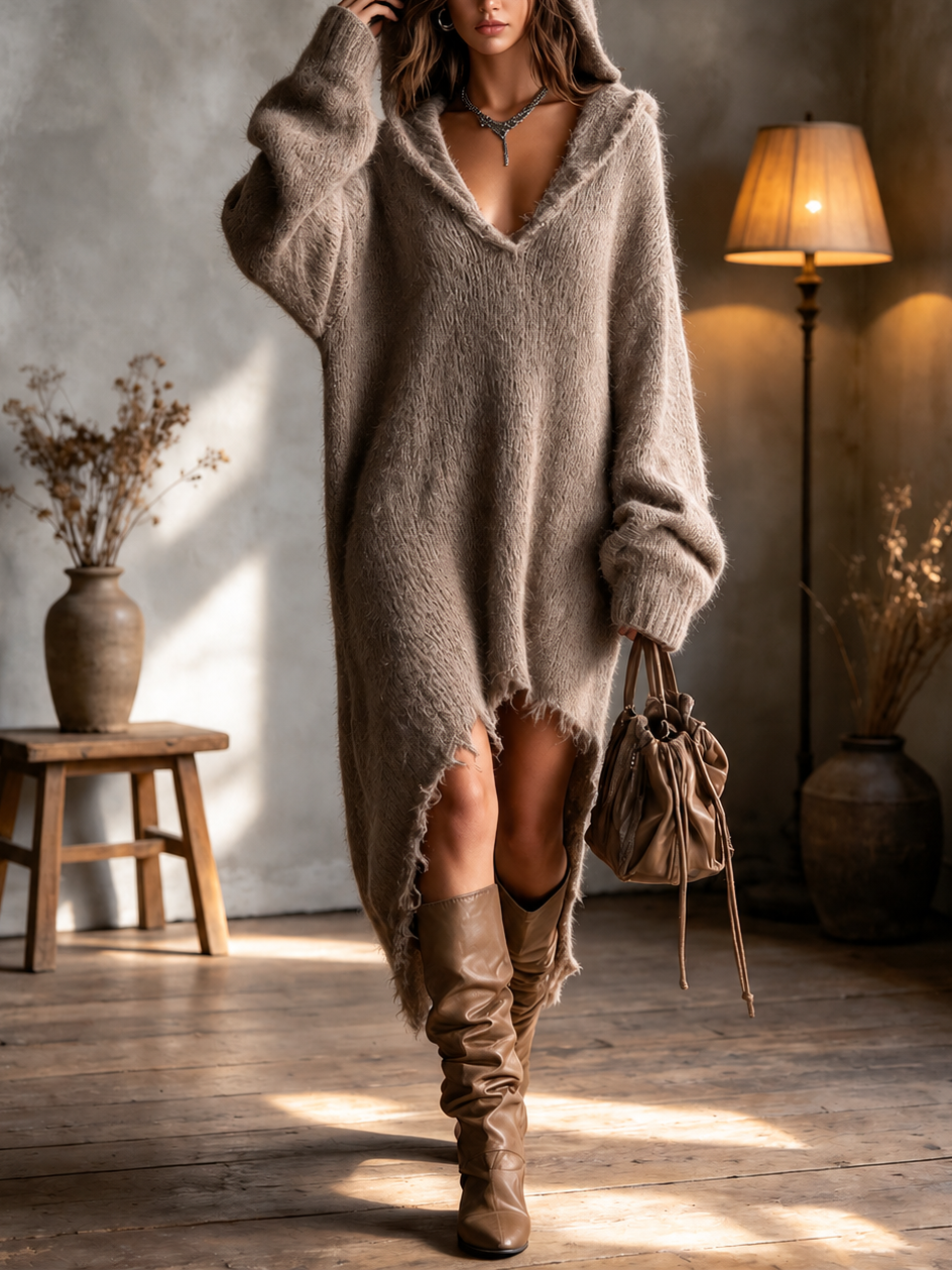 Heather | Boho Chic Asymmetric Hooded Knit Dress